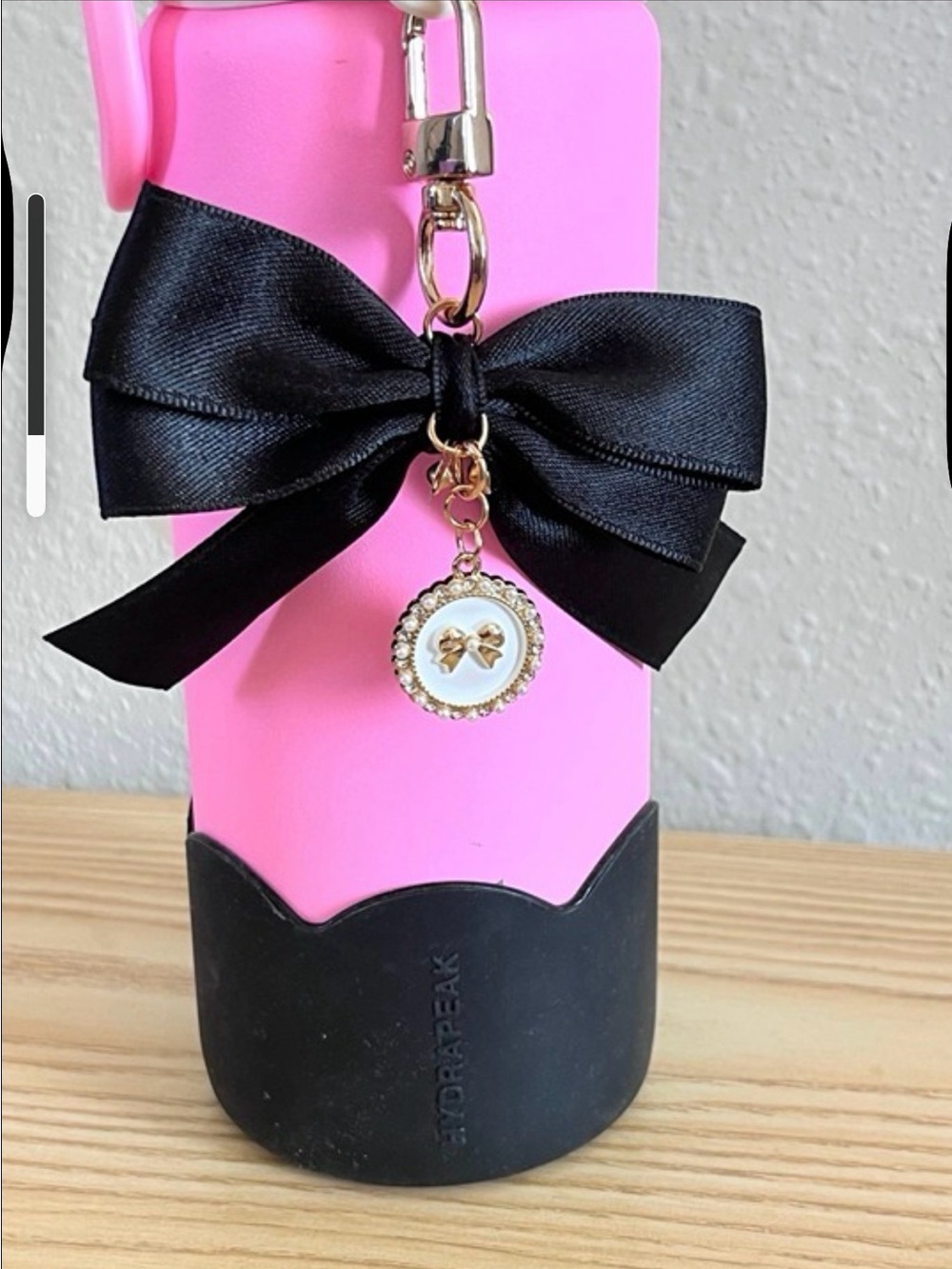 Black Satin Bow Charm Keychain with Gold Accent & cup boot